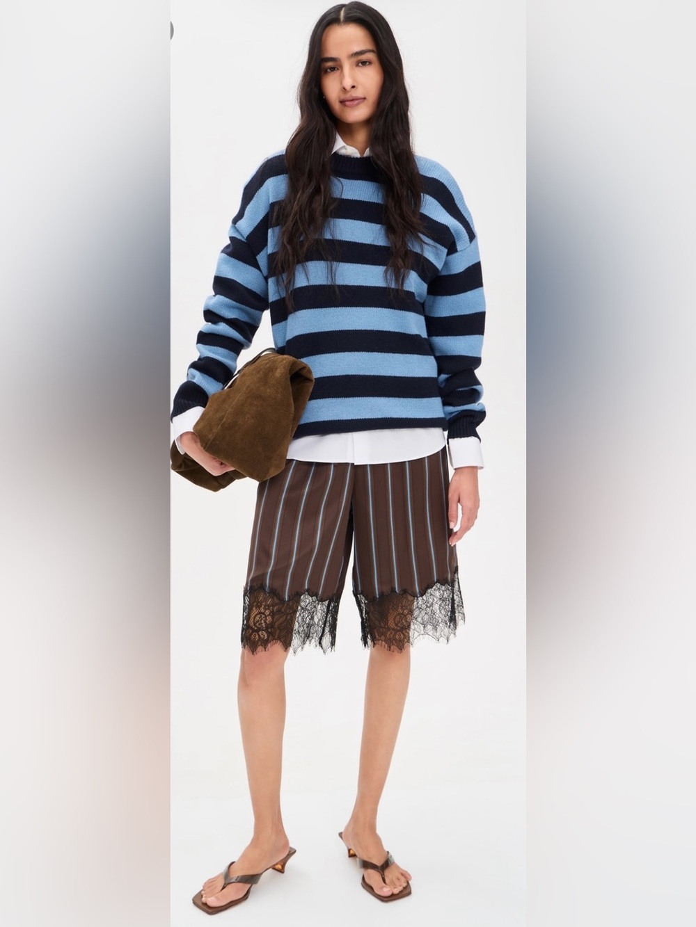 Staud Verano silk and lace brown pinstripe long shorts